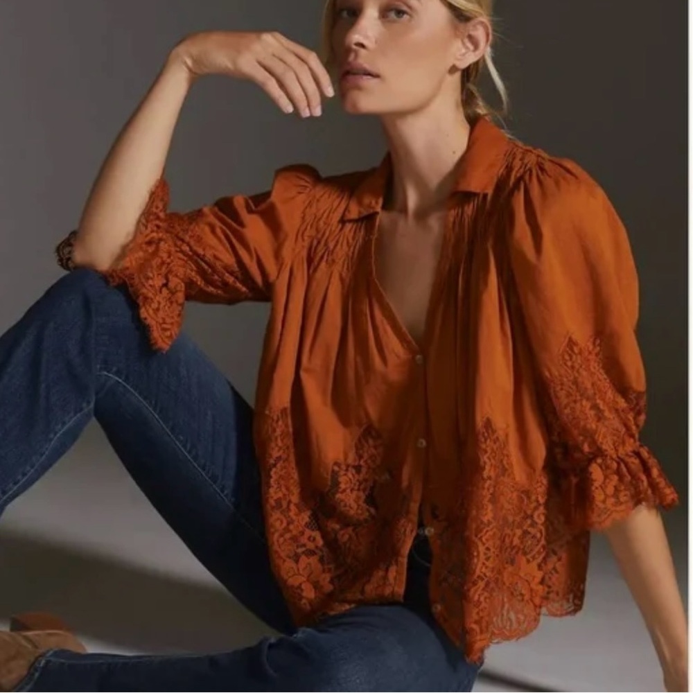 NWT By Anthropologie Victorian Sheer-Lace Blouse Cedar Rust Orange S Small New